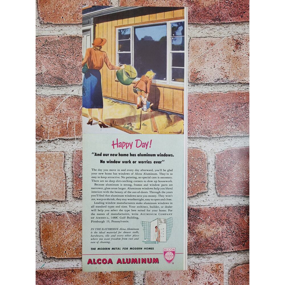 1950 Alcoa Aluminum "Happy Day" Mom and Daughter Outside New Home Vtg Print Ad
